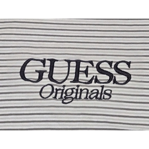 Vintage 90's Guess Jeans USA Embroidered Striped T Shirt Men's XL Gray White - Picture 2 of 8